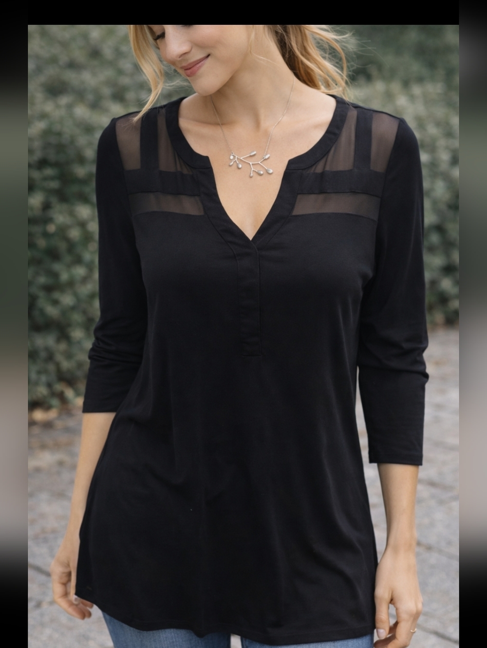 Cable & Gauge Black Sheer-Yoke Tunic Top | V-Neck 3/4 Sleeve M